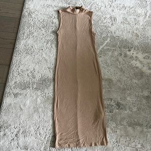 Beige fitted ribbed stretchy mock neck dress
